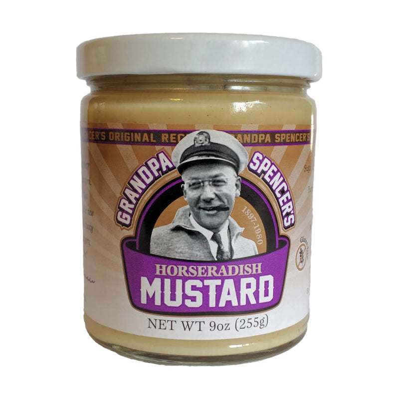 Jar of Grandpa Spencer's Horseradish Mustard, 9 oz, on a white background