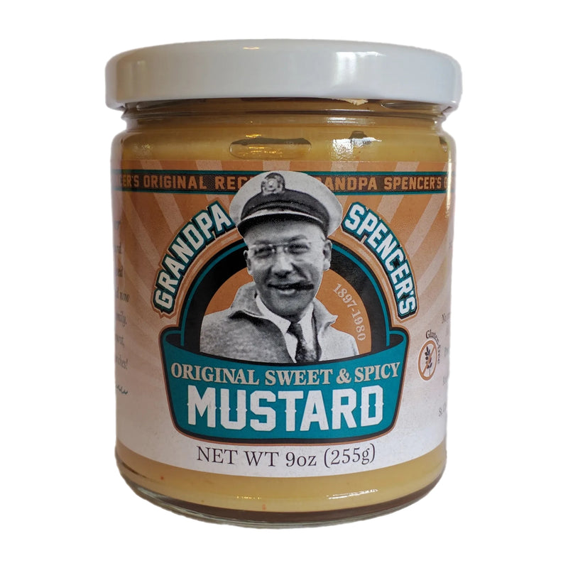 Jar of Grandpa Spencer's Original Sweet & Spicy Mustard, 9 oz, on a white background