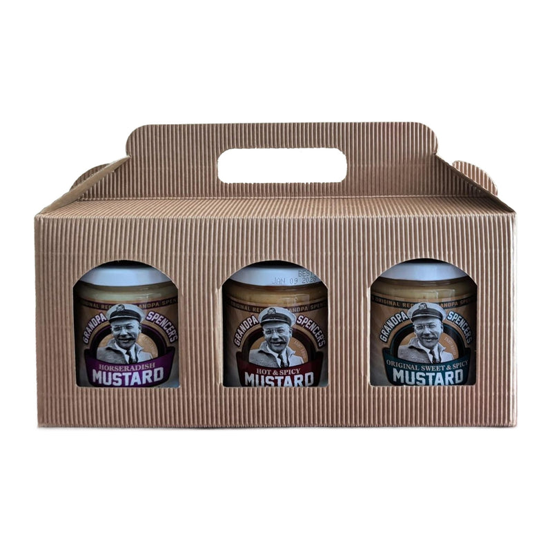 Grandpa Spencer's gift pack: a kraft corrugated carrier with three windows showing jars of Horseradish, Hot & Spicy and Original Sweet & Spicy mustard